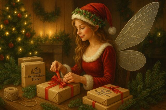 Weihnachtsfee beim Bücher packen
